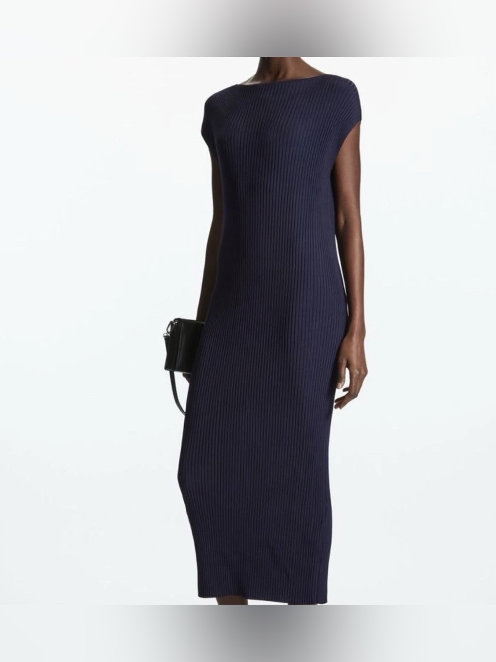 COS Navy Ribbed Boatneck Midi Dress